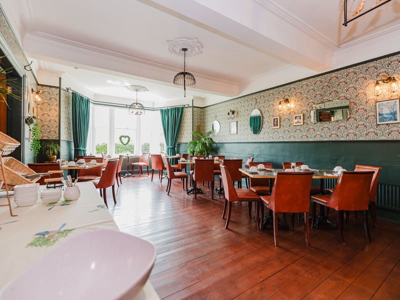 The dining room is light and airy.