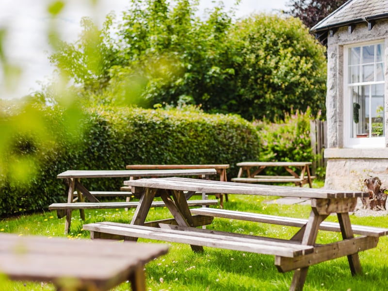Picnic tables in the hotel garden.
