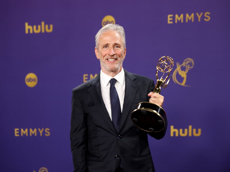 Jon Stewart, winner of the Outstanding Talk Series for "The Daily Show" in the trophy room at the 76th Primetime Emmy Awards.