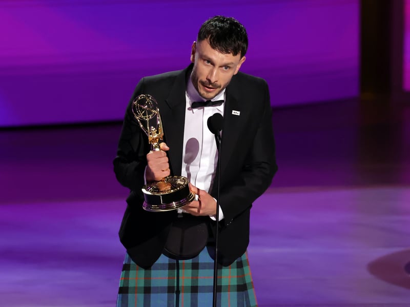Richard Gadd accepts the Outstanding Writing For A Limited Or Anthology Series Or Movie award for "Baby Reindeer" onstage during the 76th Primetime Emmy Awards.