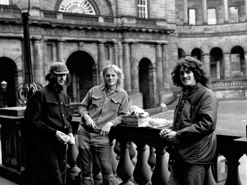 Three Edinburgh University students stock up with eggs, ammunition for the rectorial battle in the Old Quad in November 1972.
