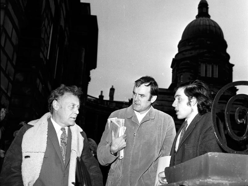 University rectors, BBC Nationwide television presenter Michael Barratt (Aberdeen), Monty Python star John Cleese (St Andrews) with Edinburgh's student rector and Prime Minister-to-be Gordon Brown after a meeting at Edinburgh University in January 1973.