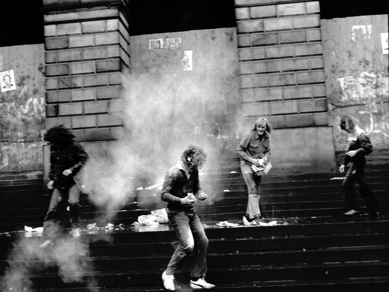 Edinburgh University students with eggs and flour take part in the rectorial battle in the Old Quad in November 1972.