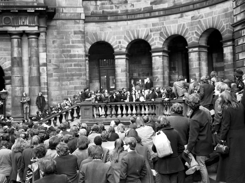 Edinburgh University students stage a mass sit-in at the Old Quad in March 1970 in protest against sentences imposed by the Senate Disciplinary Committee on 55 students who took part in a sit-in at the university Appointments Board offices.