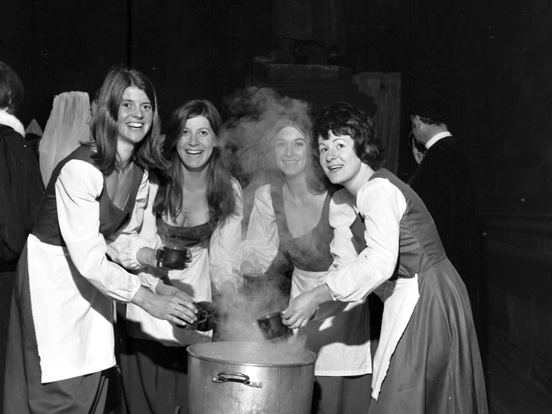 Students act as serving wenches at the medieval banquet held by Edinburgh University students at the Assembly Hall in April 1971.