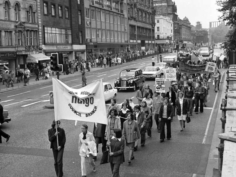 Students and trade unions unite in a march along Princes Street Edinburgh against cuts in local government spending , June 1976.