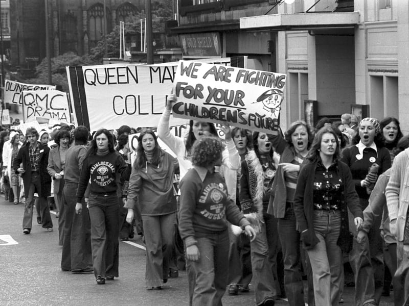 Students from Queen Margaret College join the march to the Usher Hall Edinburgh, demonstrating against education cuts in May 1976