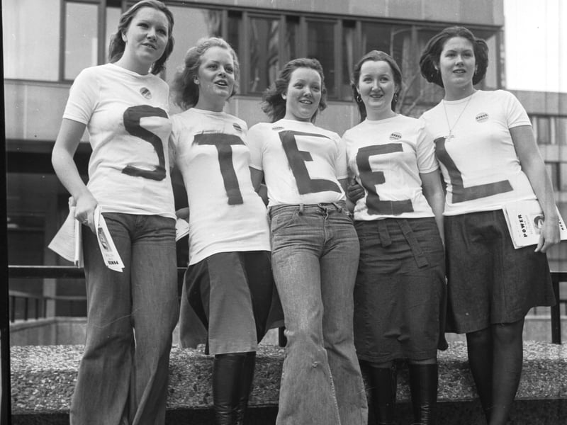 Students show their support for David Steel in his campaign for the rectorship of Edinburgh University in October 1975. From left - Beverley Edwards, Caroline Horner, Lesley Ann Sellar, Jane Campbell and Elizabeth MacGregor