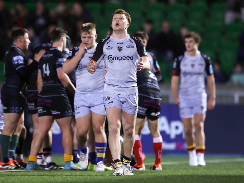 The Welsh club finished second bottom last season and the supercomputer predicts the same outcome this time around with a total of two wins and 14 points. Dragons' Aneurin Owen is pictured looking dejected after a 40-7 defeat to Glasgow at Scotstoun in February.