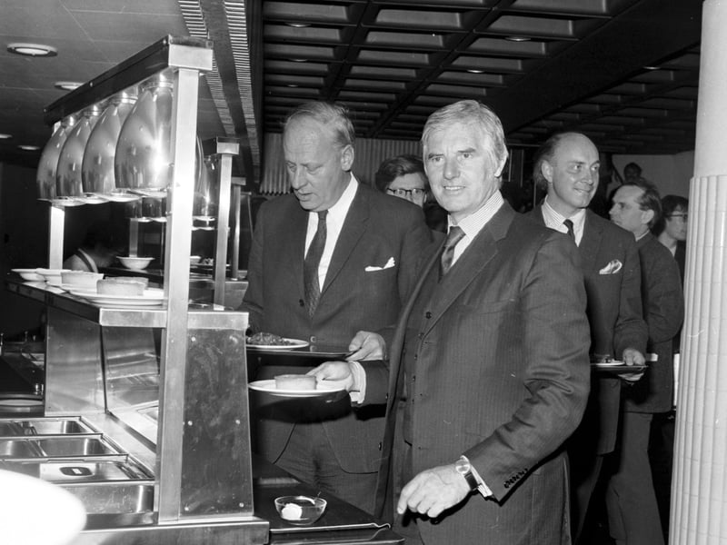 Edinburgh University rector Kenneth Allsop opens the new student refectory in October 1970, accompanied by Principal Michael Swann (left).