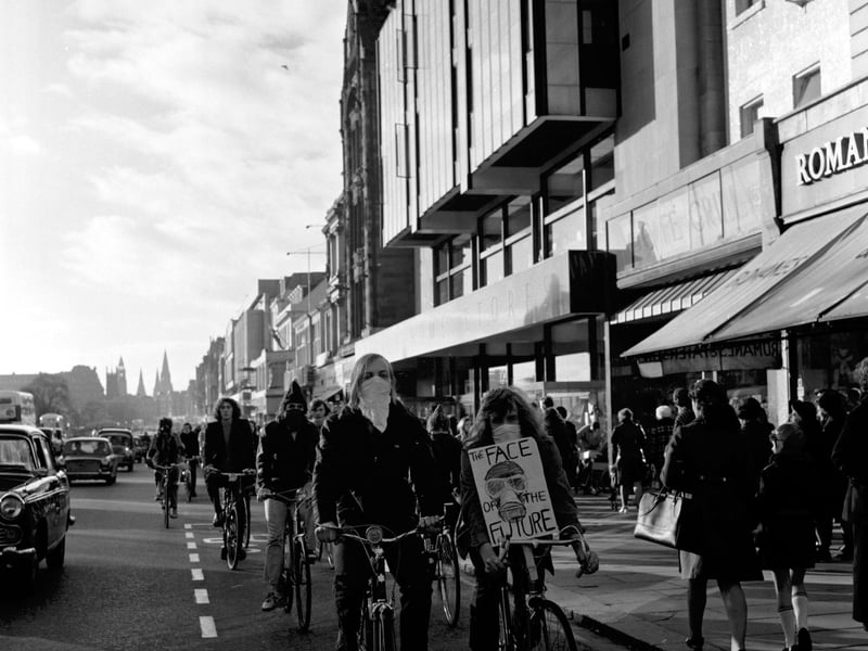Edinburgh student cyclists stage an anti-pollution demonstration in Princes Street, Edinburgh, in, November 1971.