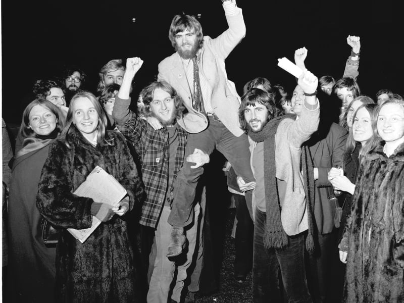 Jonathan Wills celebrates becoming the new student rector at Edinburgh University in November 1971.