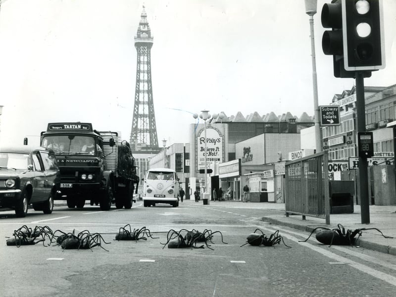 10 Giant Spiders ( currently starring in the BBC series) stop the traffic on Blackpool Promenade as they make their way to the Dr Who Exhibition in 1974