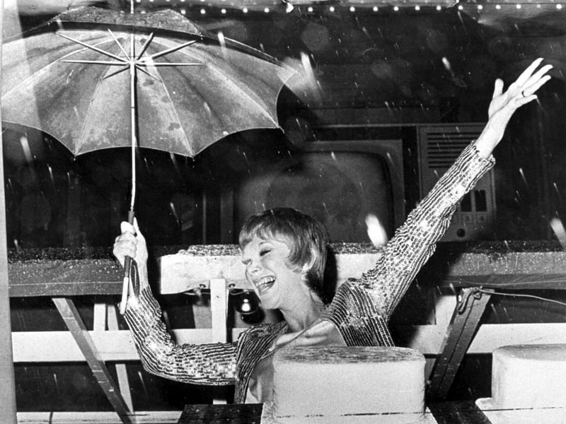 The rain came down for TV sitcom star Wendy Craig at the 1974 Illuminations switch on