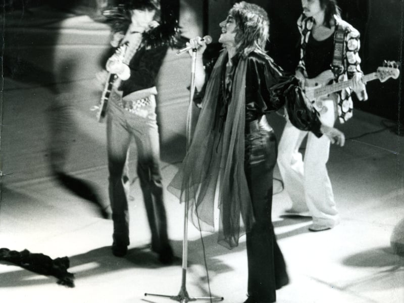 Rod Stewart with (left) Ronnie Wood and Tetsu Yamauchi when The Faces appeared at Blackpool Opera House in December 1974