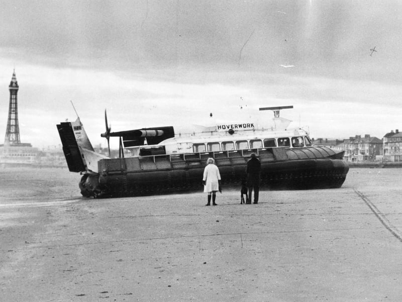 The SRN 6 Hovercraft arrives on the Blackpool Beach to pick up councillors and officials for a demonstration run along the Blackpool sea-shore