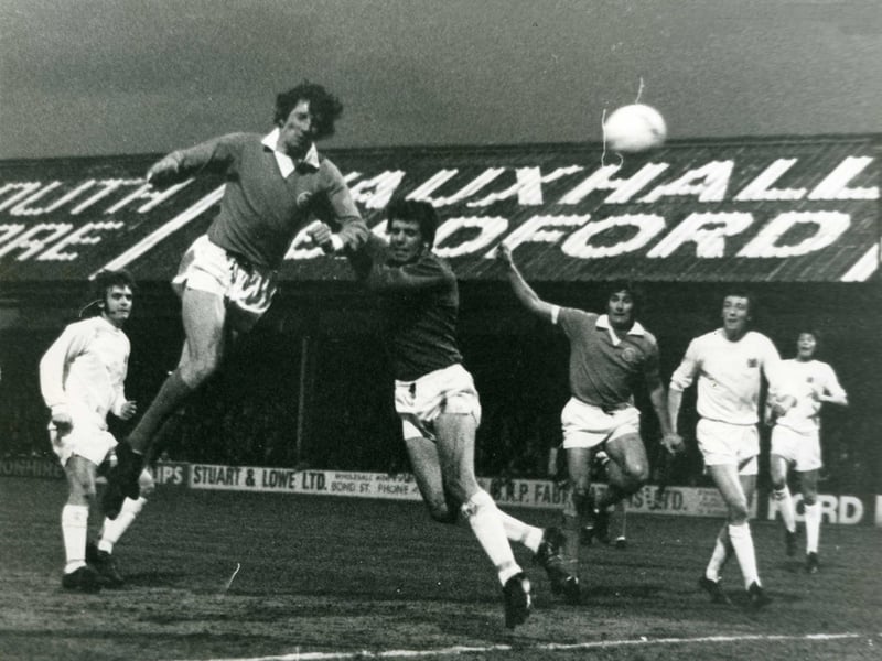Blackpool captain Glyn James leaps to an Alan Suddick free kick to send a great header past Bristol City keeper Alec Cashley