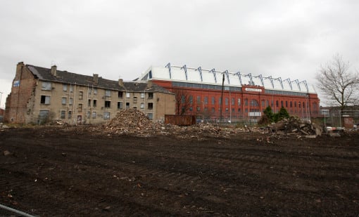 The last of the houses are demolished in the shadow of Ranger's Ibrox Stadium in Glasgow as part of the area's redevelopment.