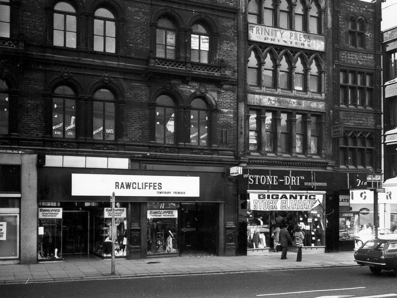 Boar Lane in the mid 1970s showing the temporary premises of Rawcliffes, whose Duncan Street store was in the middle of a major renovation.