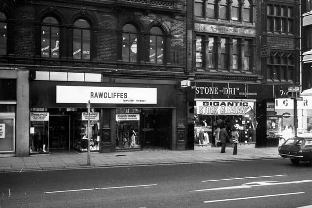 Boar Lane in the mid 1970s showing the temporary premises of Rawcliffes, whose Duncan Street store was in the middle of a major renovation.