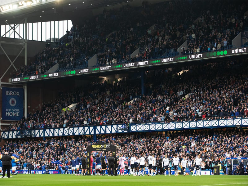 The main stand at Ibrox fills up as Rangers and Dundee players emerge for kick-off ahead of the Premier Sports Cup quarter-final.
