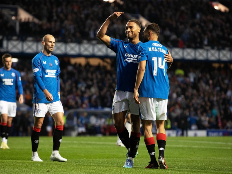 Cyriel Dessers celebrates with Nedim Bajrami after scoring Rangers' third goal in the win over Dundee.