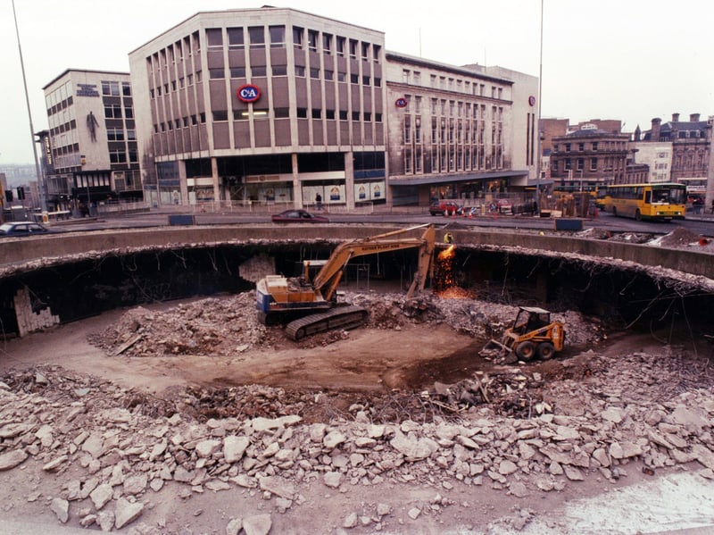 Sheffield's famous Hole in the Road at Castle Square is filled in with rubble from the demoliton of the Hyde Park flats in February 1994