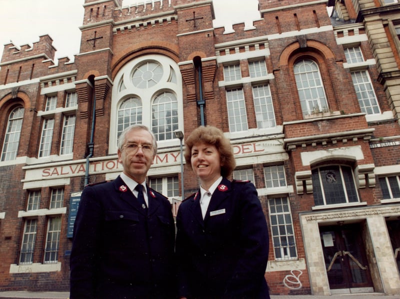 Major and Mrs Geoff Rowney outside the Salvation Army Citadel on Cross Burgess Street, Sheffield city centre, in January 1994