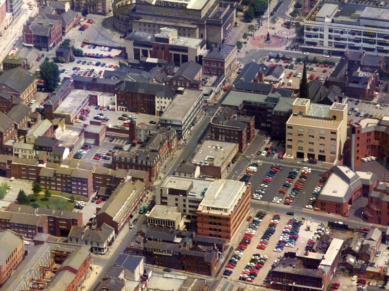 Aerial view of Division Street, Sheffield city centre, and the surrounding area in 1994