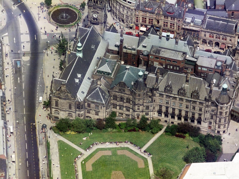 Sheffield Town Hall in June 1994, with the Goodwin Fountains and the Peace Gardens also visible