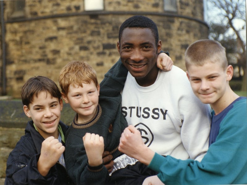 Johnny Nelson and young boxing champions at Brendan Ingle's Wincobank gym in January 1994