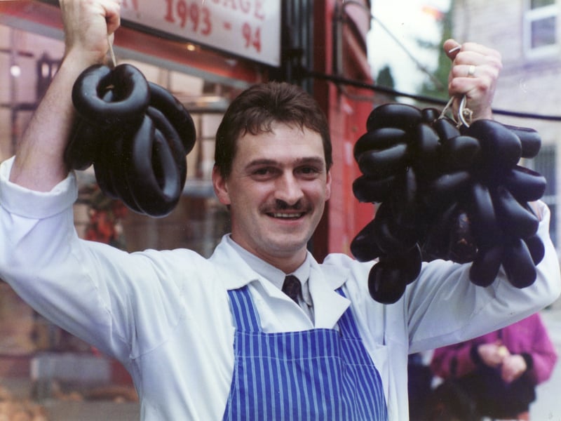 Jim Samworth, butcher, on Middlewood Road, Hillsborough, in 1994