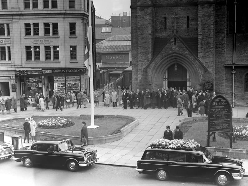 The funeral cortege of Mr F Herbert Grime, Chairman of the Blackpool Gazette and Herald Ltd, arrives at St John's Church