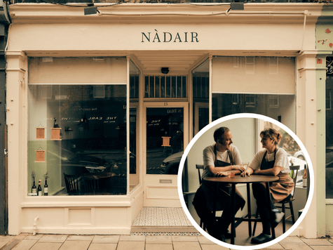 Located on Roseneath Street in Marchmont, Nàdair offers a different five-course set menu everyday, focussing on Scottish cuisine using local and foraged ingredients, to create experimental and bold flavours. The 20 cover, independent restaurant is the first venture between Alan Keery, who will be the restaurant's head chef, and Sarah Baldry, who will be the restaurant's pastry chef. Seasonal favourites include foraged chanterelles with cultured cream, pine, black garlic; sea trout with onion, buttermilk and sweet cicely; dry-aged sirloin with celeriac, beetroot, sea sandwort; and caramelised honey with plum, tarragon and oat