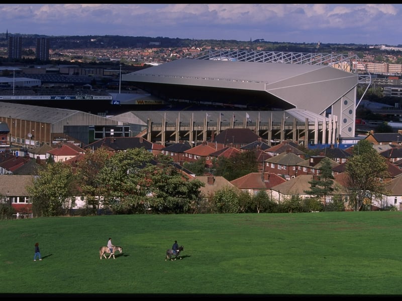 The new Lowfields Road 'East' Stand following its completion ahead of the 1996 European Championships, pictured from Beeston Hill.