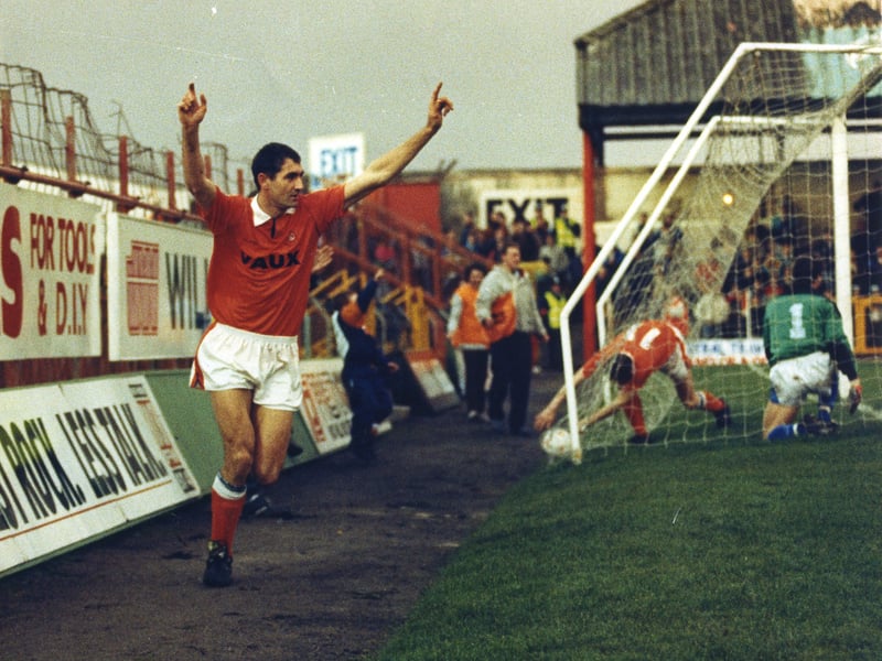Blackpool v Carlisle Utd 
Striker Dave bamber salutes the fans after scoring Blackpool's first as David Eyres picks the ball out of the net