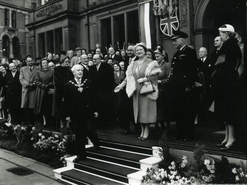 The Queen Mother on the steps of Blackpool Town Hall in 1956