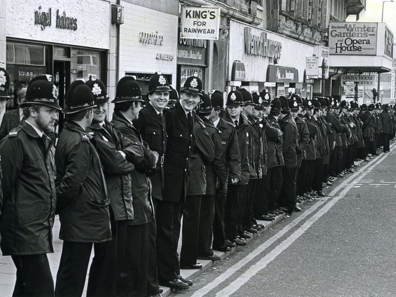 Police security outside the Winter Gardens, Blackpool for the Conservative Party Conference in 1985