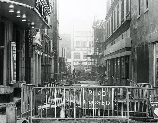 Pedestrianisation under way at the southern end of Corporation Street looking towards Victoria Street with the Grand Theatre on the left, K shoes on the right.The Stanley Cafe in the distance on Victoria Street