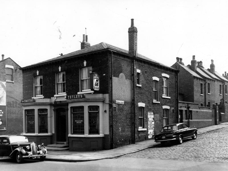The Cemetery Hotel on Tong Road, with William Thornton as the landlord. Redshaw Grove runs to the right edge. Pictured in May 1965.
