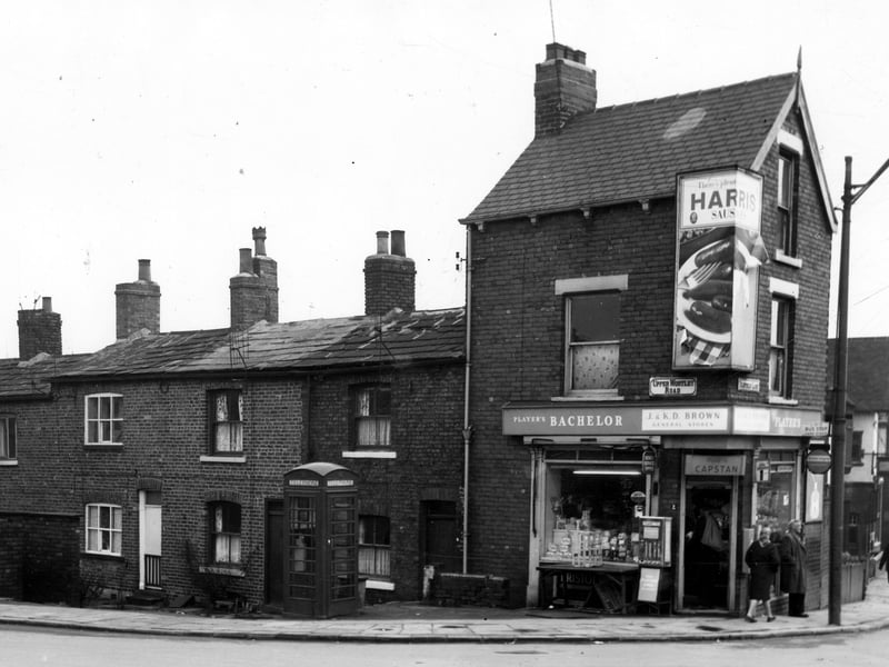 Five Lanes End at the junction of Upper Wortley Road, to the left and Oldfield Lane. Greenhill Lane, Lower Wortley Road and Dixon Lane also met here, hence the name. J. and K.D. Brown's general stores is in focus. This area was demolished and redeveloped. Pictured in March 1965.
