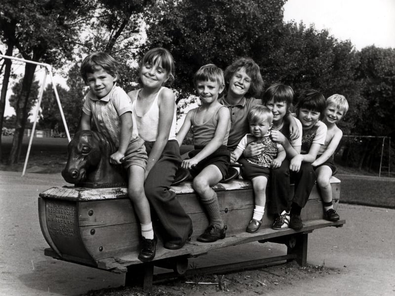 Youngsters enjoy the rocking horse in Stanley Park in the 1970s