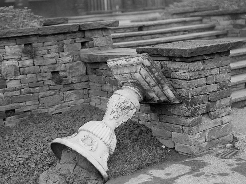 A toppled urn was part of a trail of destruction left by hooligans when mist enveloped Stanley Park in 1958