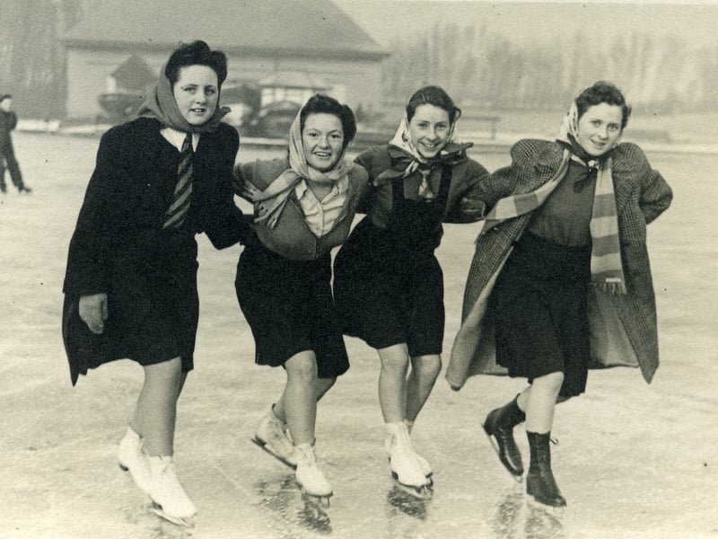 Elmslie Girls School pupils Pat Howarth ( now Pat Cole ), Betty Taylor , Mavis Jones and Margaret Jones ice skating on Stanley Park Lake in 1946