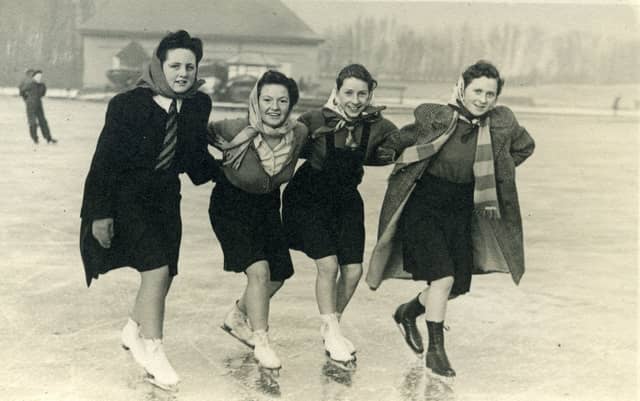 Elmslie Girls School pupils Pat Howarth ( now Pat Cole ), Betty Taylor , Mavis Jones and Margaret Jones ice skating on Stanley Park Lake in 1946