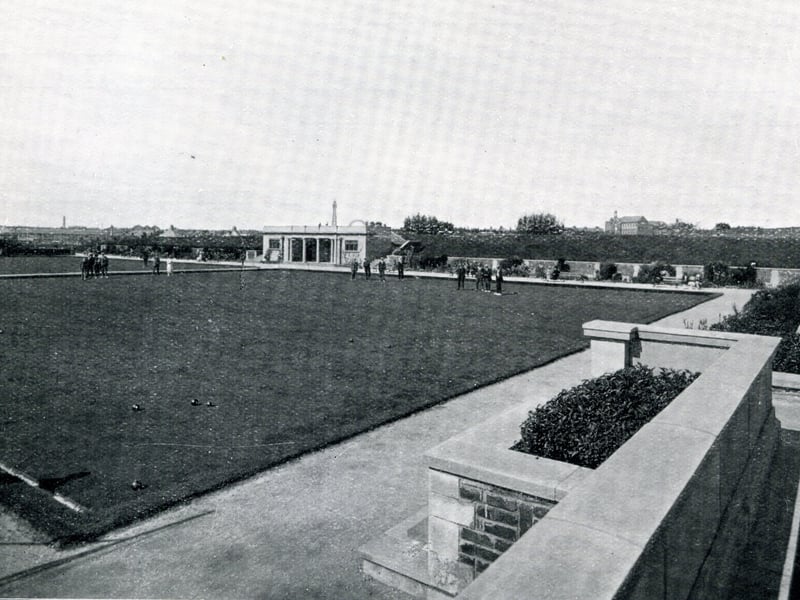 The bowling greens and bowling pavilion seen from the terrace at Stanley Park, 1926