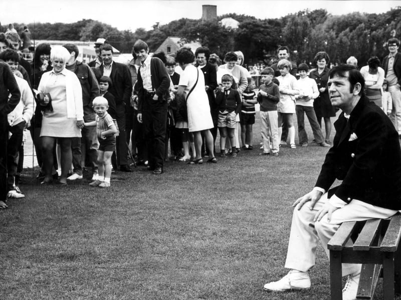 Norman Wisdom before the start of a charity cricket match, organised by the North West Region of the British Leprosy Relief Association at Stanley Park in 1970