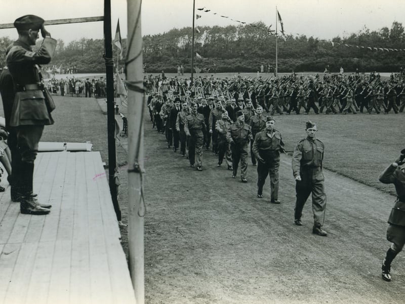 Blackpool Home Guard, second world war, 1940
Lieut Gen Sir James O'Dowds, the zone commander, takes the salute at the march past of the home guard, led by their commander Major Eric Read