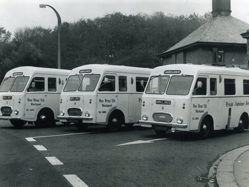 Three ambulances outside Stanley Park Gates owned by Box Bros Ltd Hawes Side Lane, Blackpool