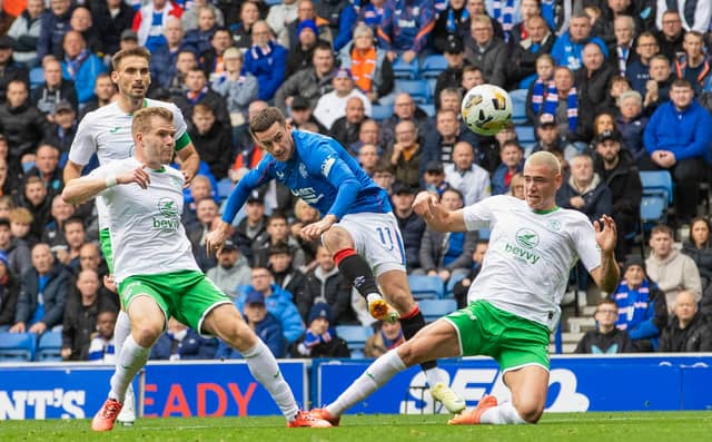 Tom Lawrence's strike won the game for Rangers at Ibrox against Hibs. Cr: SNS Group.